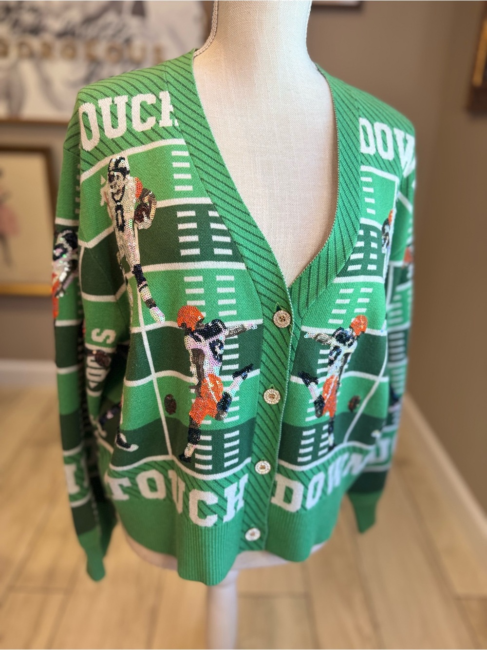Like New! QUEEN OF SPARKLES Green Football Field & Sequin Football Cardigan